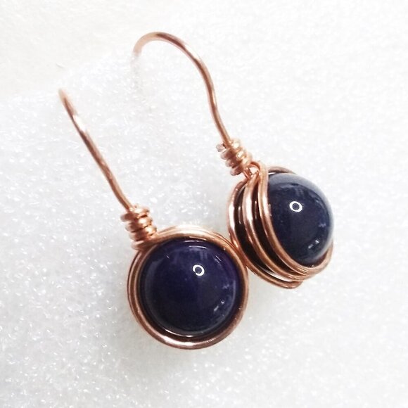 Scrumptious! Deepest Purple Agate + Copper ~ Chunky Wire Wrapped Dangle Earrings - Picture 5 of 8